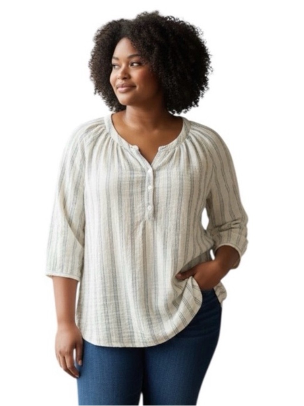 Lane Bryant  Gray & Tan Cotton Stripped Blouse 3/4 Sleeves Button Top 14/16